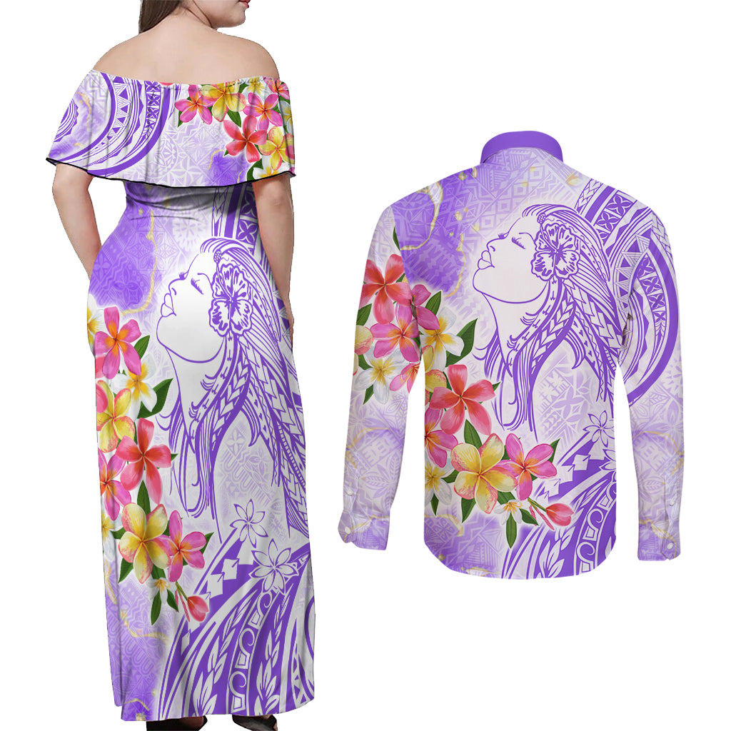 Polynesian Women's Day Wahine Couples Matching Off Shoulder Maxi Dress and Long Sleeve Button Shirt Plumeria Marble Glaze - Purple LT7 - Polynesian Pride