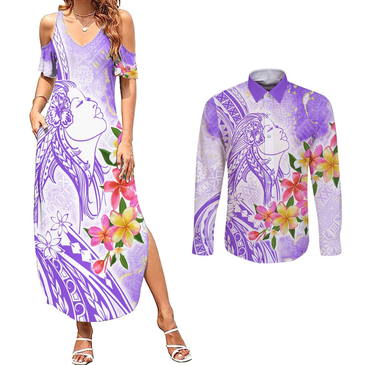 Polynesian Women's Day Wahine Couples Matching Summer Maxi Dress and Long Sleeve Button Shirt Plumeria Marble Glaze - Purple LT7 Purple - Polynesian Pride