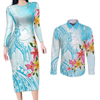 Polynesian Women's Day Wahine Couples Matching Long Sleeve Bodycon Dress and Long Sleeve Button Shirt Plumeria Marble Glaze - Turquoise LT7 Turquoise - Polynesian Pride