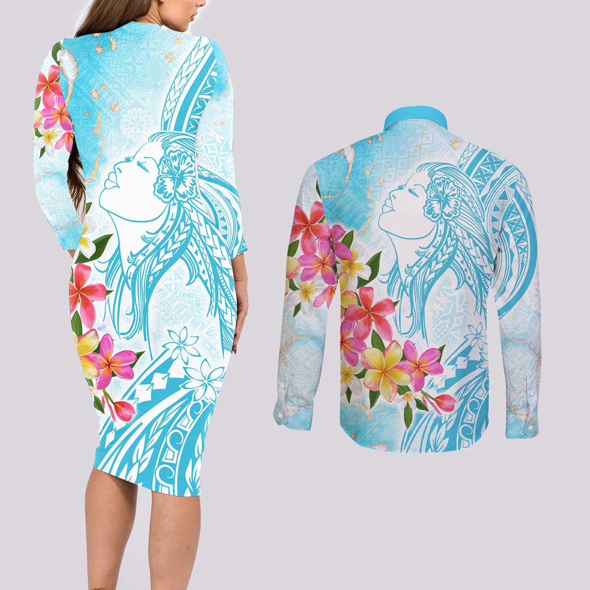 Polynesian Women's Day Wahine Couples Matching Long Sleeve Bodycon Dress and Long Sleeve Button Shirt Plumeria Marble Glaze - Turquoise LT7 - Polynesian Pride