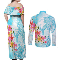 Polynesian Women's Day Wahine Couples Matching Off Shoulder Maxi Dress and Long Sleeve Button Shirt Plumeria Marble Glaze - Turquoise LT7 - Polynesian Pride