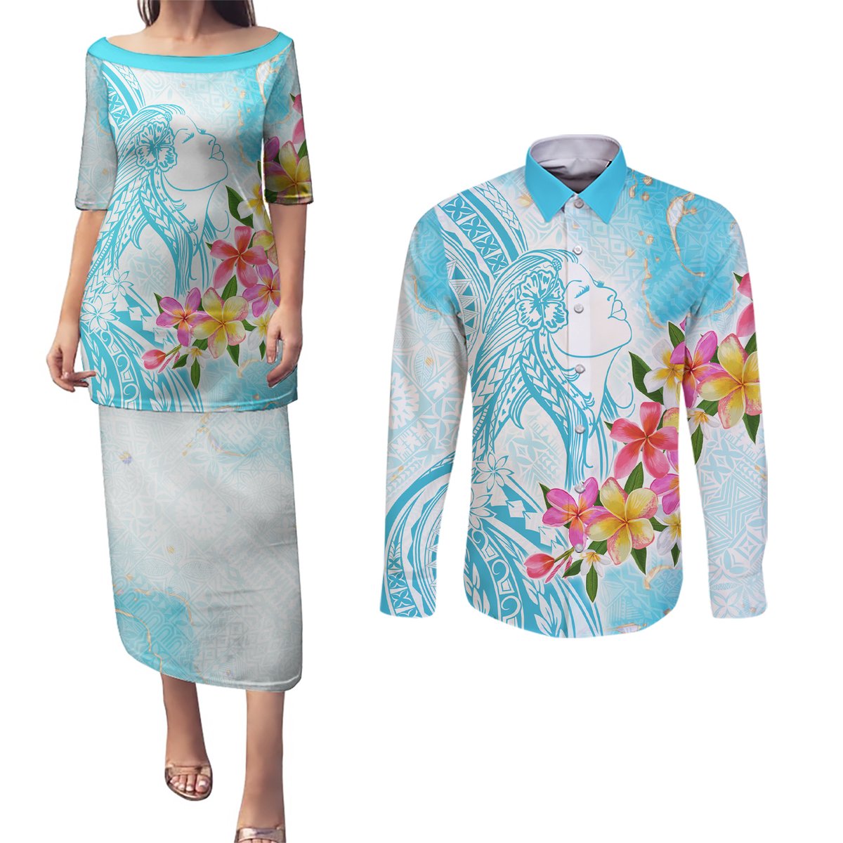 Polynesian Women's Day Wahine Couples Matching Puletasi and Long Sleeve Button Shirt Plumeria Marble Glaze - Turquoise LT7 Turquoise - Polynesian Pride
