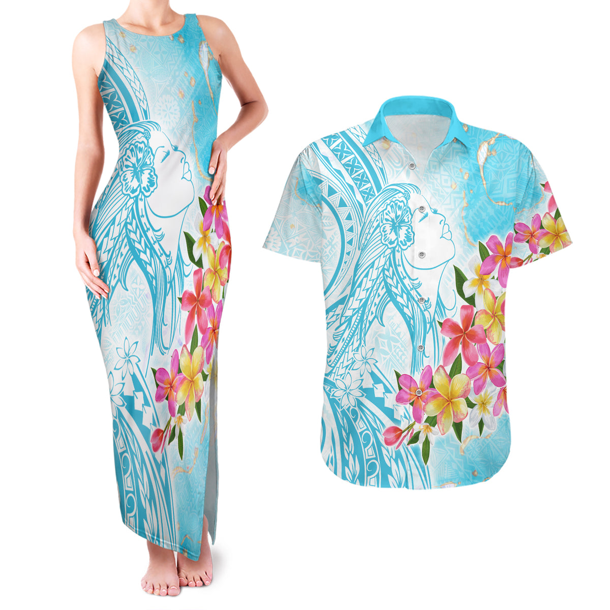 Polynesian Women's Day Wahine Couples Matching Tank Maxi Dress and Hawaiian Shirt Plumeria Marble Glaze - Turquoise LT7 Turquoise - Polynesian Pride