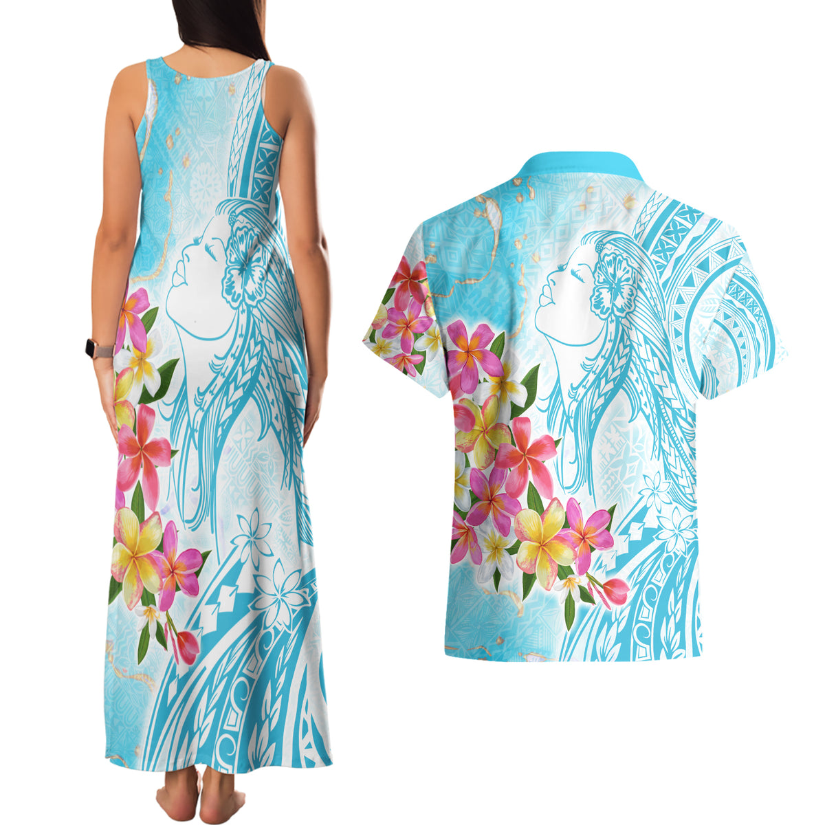 Polynesian Women's Day Wahine Couples Matching Tank Maxi Dress and Hawaiian Shirt Plumeria Marble Glaze - Turquoise LT7 - Polynesian Pride