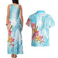 Polynesian Women's Day Wahine Couples Matching Tank Maxi Dress and Hawaiian Shirt Plumeria Marble Glaze - Turquoise LT7 - Polynesian Pride