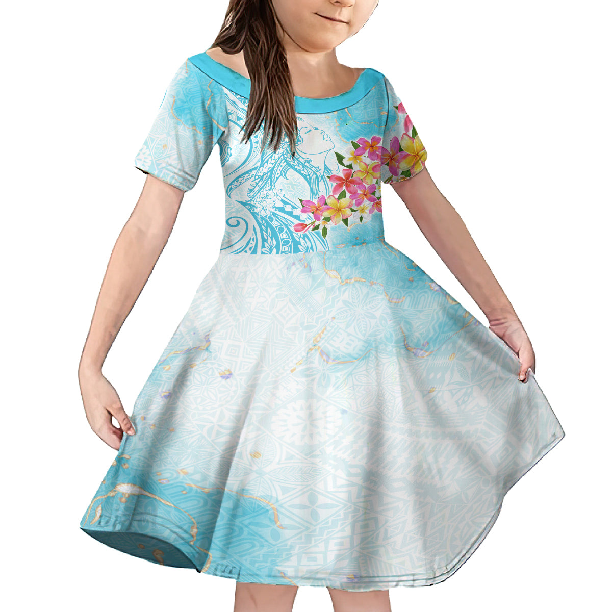Polynesian Women's Day Wahine Family Matching Off Shoulder Maxi Dress and Hawaiian Shirt Plumeria Marble Glaze - Turquoise LT7 Daughter's Dress Turquoise - Polynesian Pride