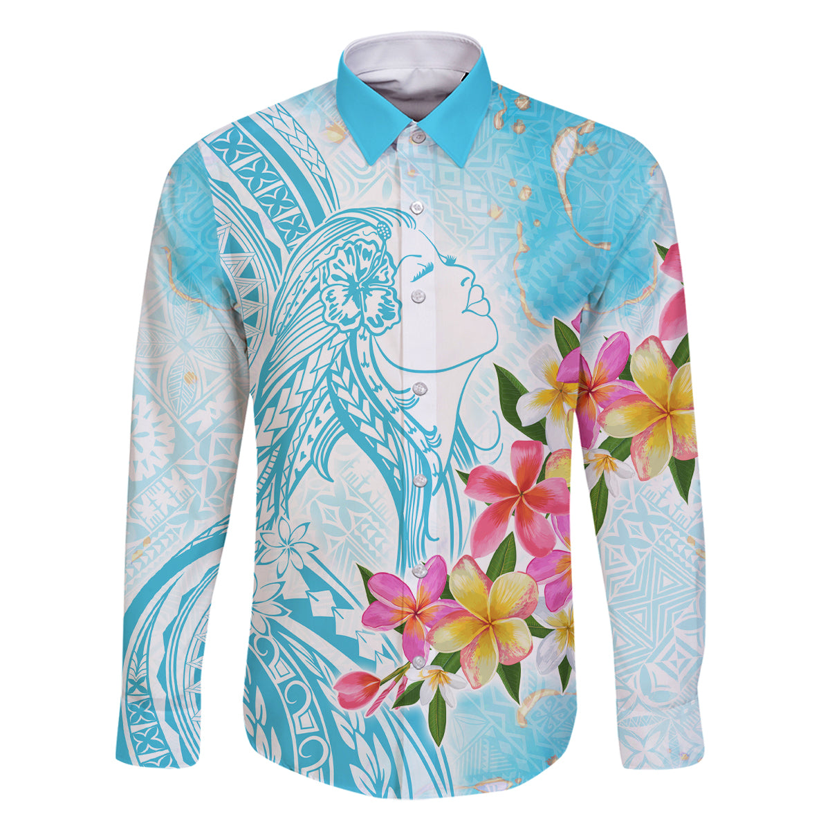 Polynesian Women's Day Wahine Family Matching Off Shoulder Maxi Dress and Hawaiian Shirt Plumeria Marble Glaze - Turquoise LT7 Dad's Shirt - Long Sleeve Turquoise - Polynesian Pride