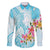 Polynesian Women's Day Wahine Family Matching Off Shoulder Maxi Dress and Hawaiian Shirt Plumeria Marble Glaze - Turquoise LT7 Dad's Shirt - Long Sleeve Turquoise - Polynesian Pride