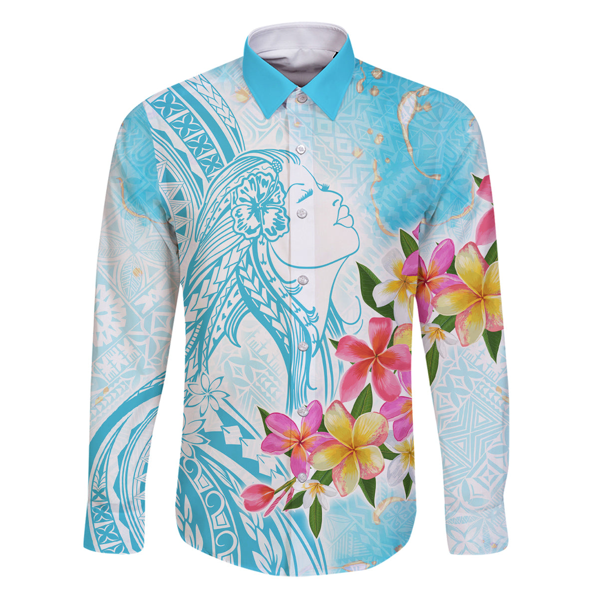 Polynesian Women's Day Wahine Family Matching Puletasi and Hawaiian Shirt Plumeria Marble Glaze - Turquoise LT7 Dad's Shirt - Long Sleeve Turquoise - Polynesian Pride
