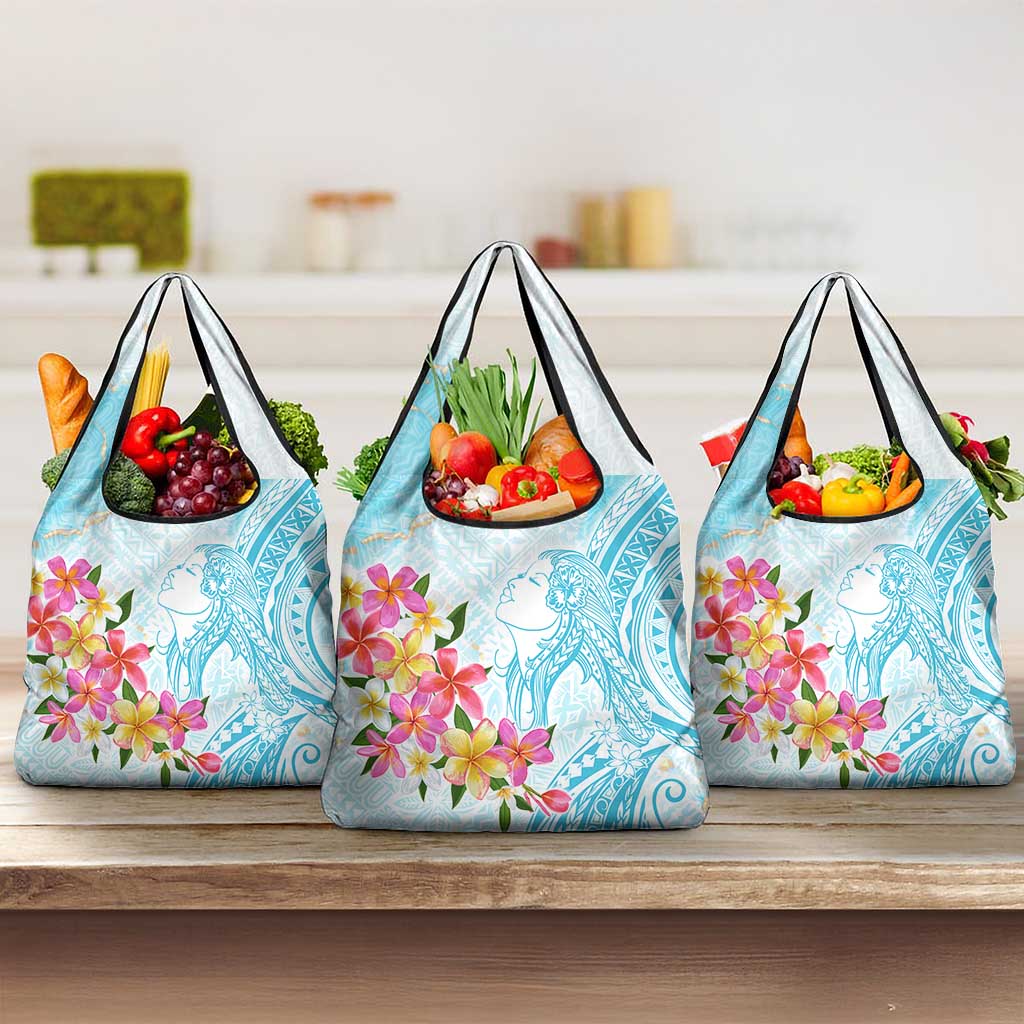 Polynesian Women's Day Wahine Grocery Bag Plumeria Marble Glaze - Turquoise