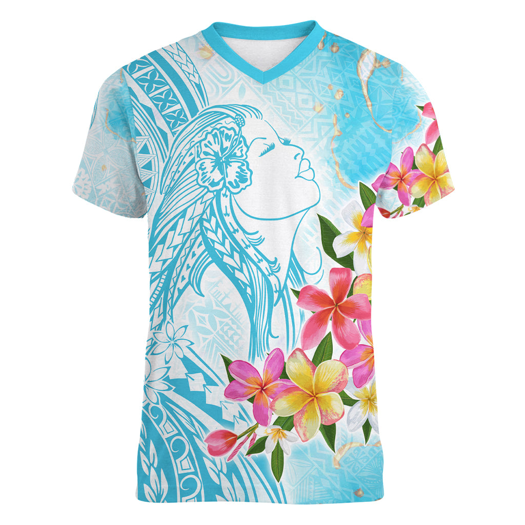 Polynesian Women's Day Wahine Women V Neck T Shirt Plumeria Marble Glaze - Turquoise LT7 Female Turquoise - Polynesian Pride