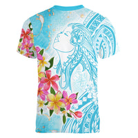 Polynesian Women's Day Wahine Women V Neck T Shirt Plumeria Marble Glaze - Turquoise LT7 - Polynesian Pride