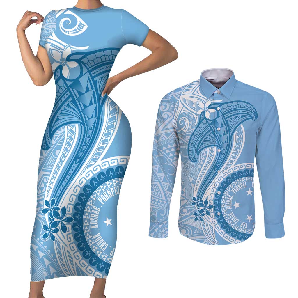 Micronesia FSM Couples Matching Short Sleeve Bodycon Dress and Long Sleeve Button Shirt Shark and Manta Classic Style