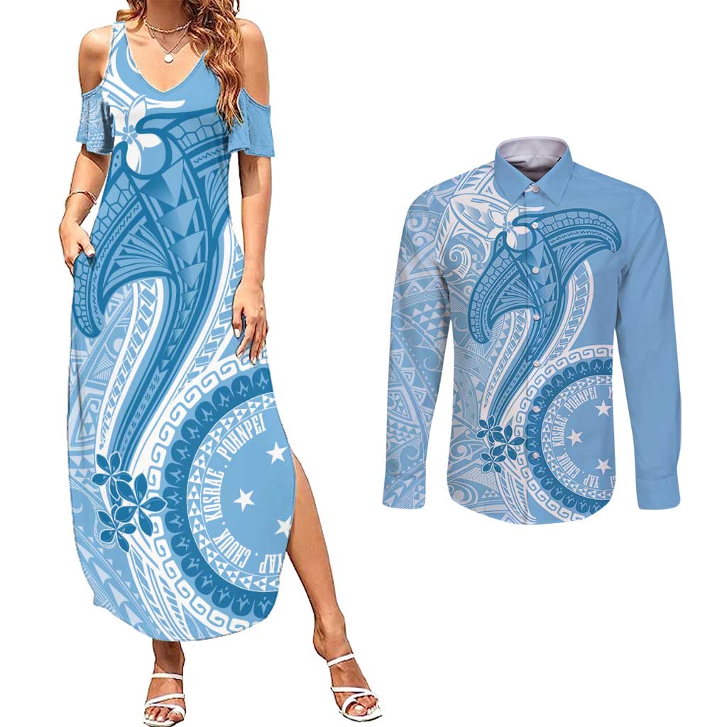 Micronesia FSM Couples Matching Summer Maxi Dress and Long Sleeve Button Shirt Shark and Manta Classic Style