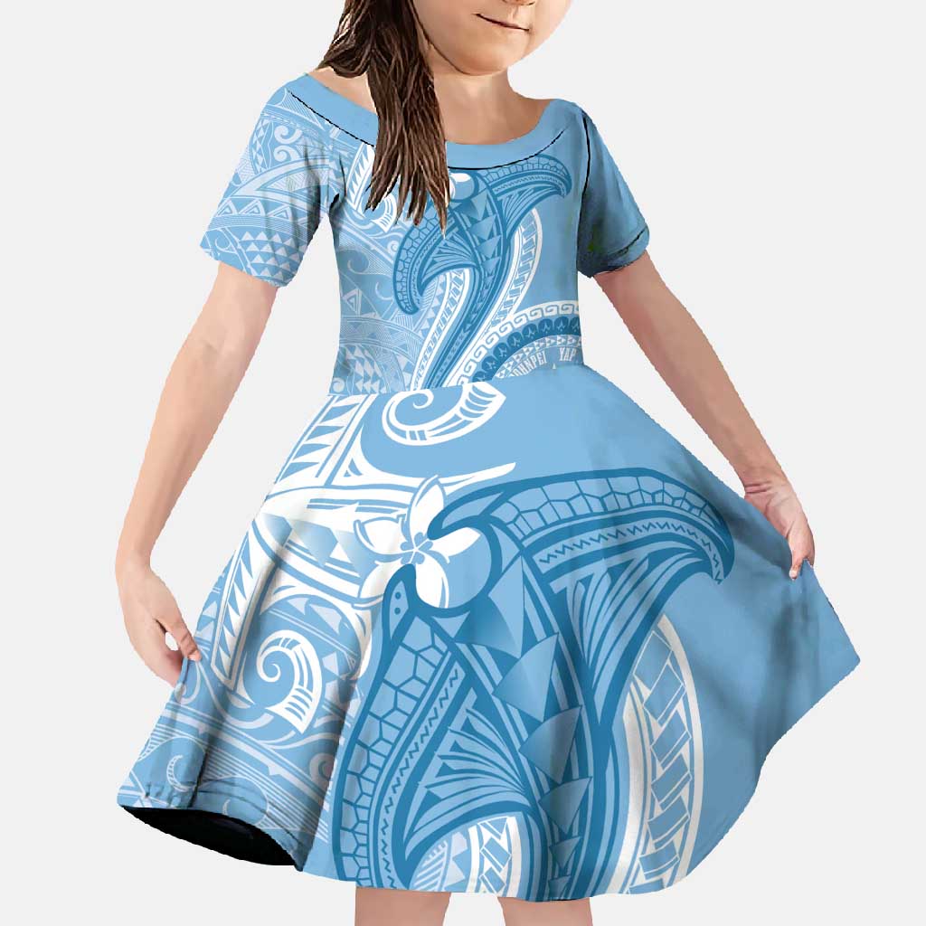 Micronesia FSM Family Matching Long Sleeve Bodycon Dress and Hawaiian Shirt Shark and Manta Classic Style LT7 Daughter's Dress Turquoise - Polynesian Pride