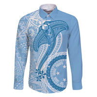 Micronesia FSM Family Matching Off The Shoulder Long Sleeve Dress and Hawaiian Shirt Shark and Manta Classic Style LT7 Dad's Shirt - Long Sleeve Turquoise - Polynesian Pride