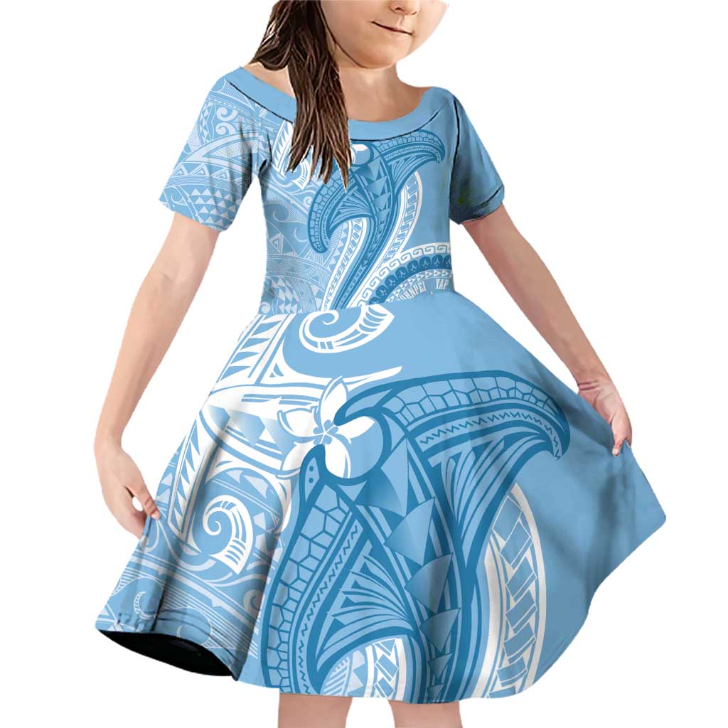 Micronesia FSM Family Matching Off Shoulder Short Dress and Hawaiian Shirt Shark and Manta Classic Style LT7 Daughter's Dress Turquoise - Polynesian Pride