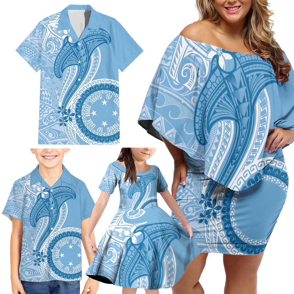 Micronesia FSM Family Matching Off Shoulder Short Dress and Hawaiian Shirt Shark and Manta Classic Style LT7 - Polynesian Pride
