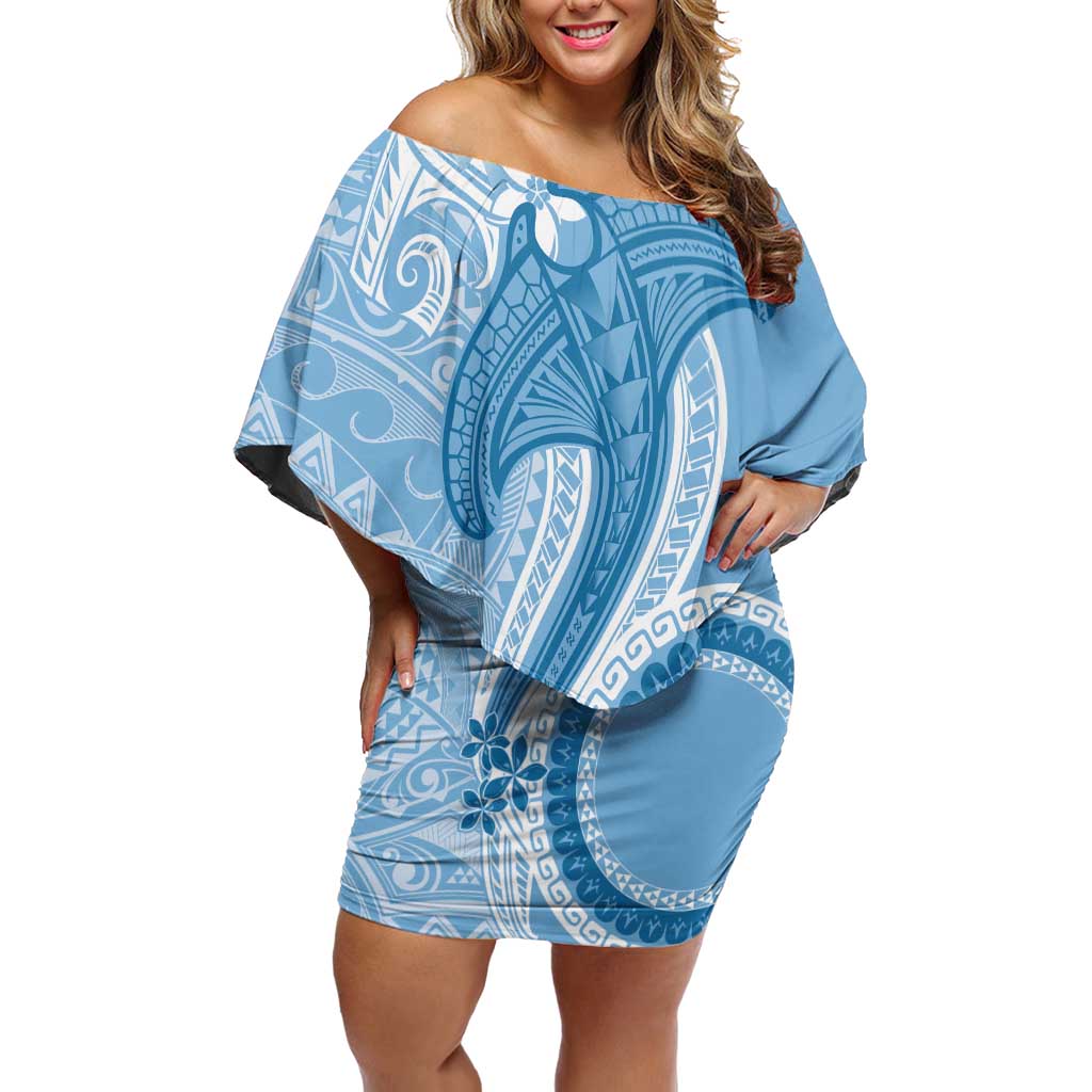 Micronesia FSM Family Matching Off Shoulder Short Dress and Hawaiian Shirt Shark and Manta Classic Style LT7 Mom's Dress Turquoise - Polynesian Pride