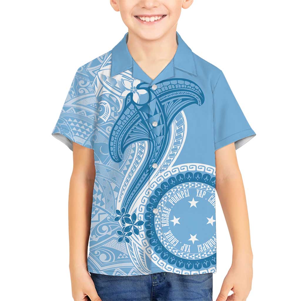 Micronesia FSM Family Matching Off Shoulder Short Dress and Hawaiian Shirt Shark and Manta Classic Style LT7 Son's Shirt Turquoise - Polynesian Pride
