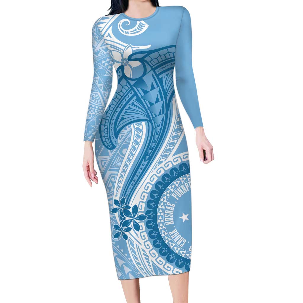 Micronesia FSM Long Sleeve Bodycon Dress Shark and Manta Classic Style LT7 Long Dress Turquoise - Polynesian Pride