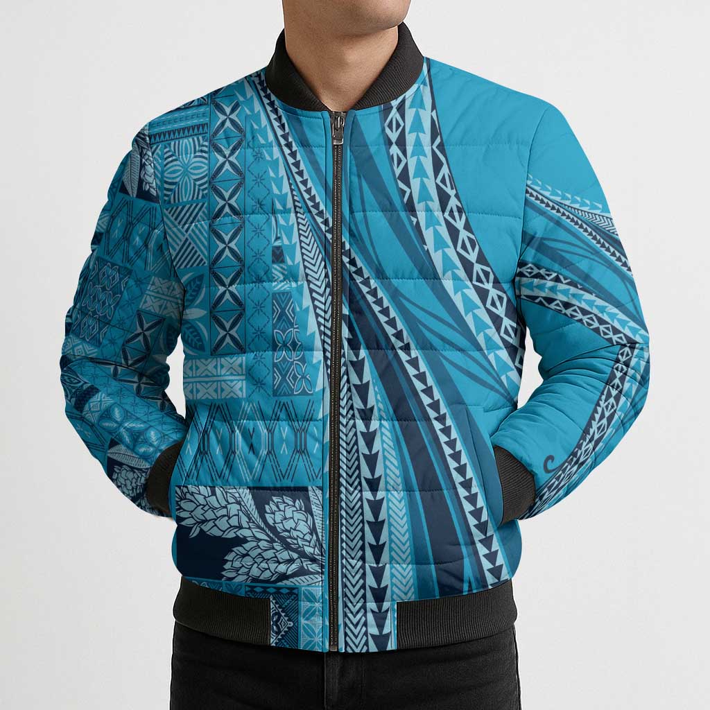 Pasifika Women's Day - Samoa Siapo Malu Tattoo Inspired Bomber Puffer Jacket Turquoise