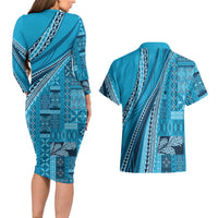 Pasifika Women's Day - Samoa Siapo Malu Tattoo Inspired Couples Matching Long Sleeve Bodycon Dress and Hawaiian Shirt Turquoise