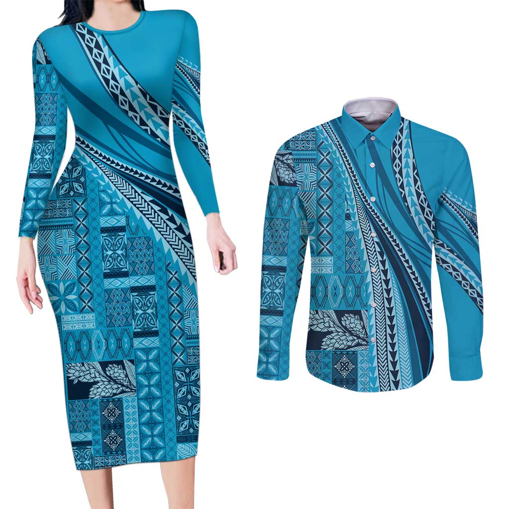 Pasifika Women's Day - Samoa Siapo Malu Tattoo Inspired Couples Matching Long Sleeve Bodycon Dress and Long Sleeve Button Shirt Turquoise