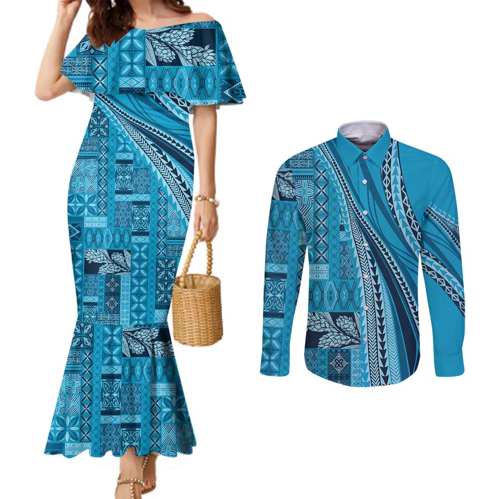 Pasifika Women's Day - Samoa Siapo Malu Tattoo Inspired Couples Matching Mermaid Dress and Long Sleeve Button Shirt Turquoise