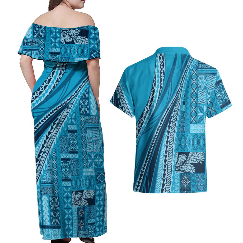 Pasifika Women's Day - Samoa Siapo Malu Tattoo Inspired Couples Matching Off Shoulder Maxi Dress and Hawaiian Shirt Turquoise