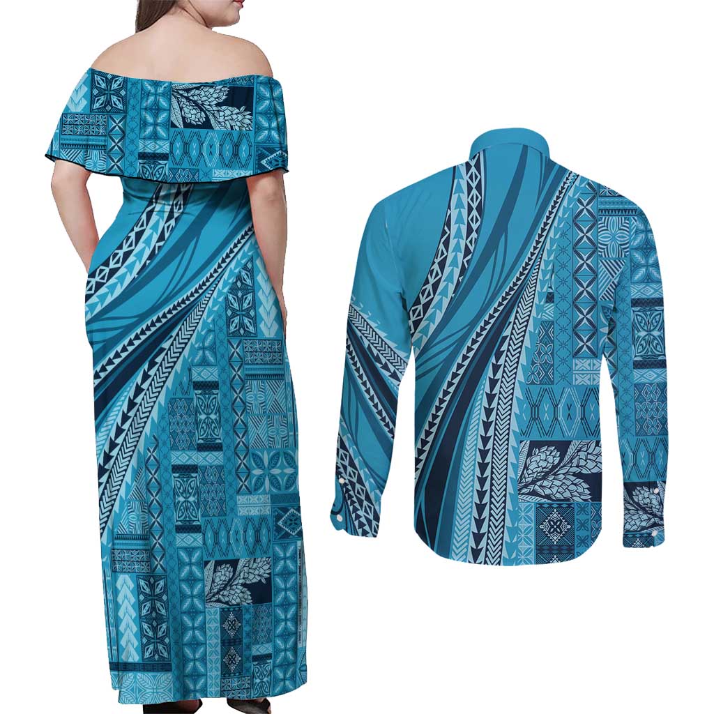Pasifika Women's Day - Samoa Siapo Malu Tattoo Inspired Couples Matching Off Shoulder Maxi Dress and Long Sleeve Button Shirt Turquoise