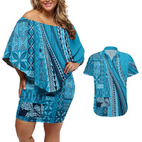 Pasifika Women's Day - Samoa Siapo Malu Tattoo Inspired Couples Matching Off Shoulder Short Dress and Hawaiian Shirt Turquoise