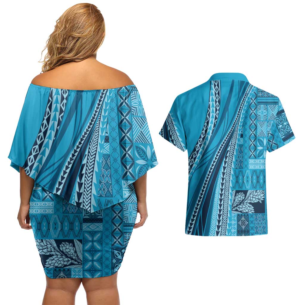 Pasifika Women's Day - Samoa Siapo Malu Tattoo Inspired Couples Matching Off Shoulder Short Dress and Hawaiian Shirt Turquoise