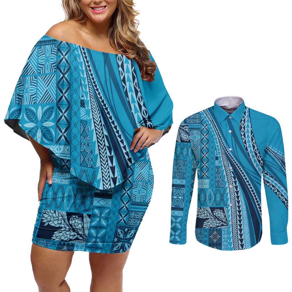Pasifika Women's Day - Samoa Siapo Malu Tattoo Inspired Couples Matching Off Shoulder Short Dress and Long Sleeve Button Shirt Turquoise