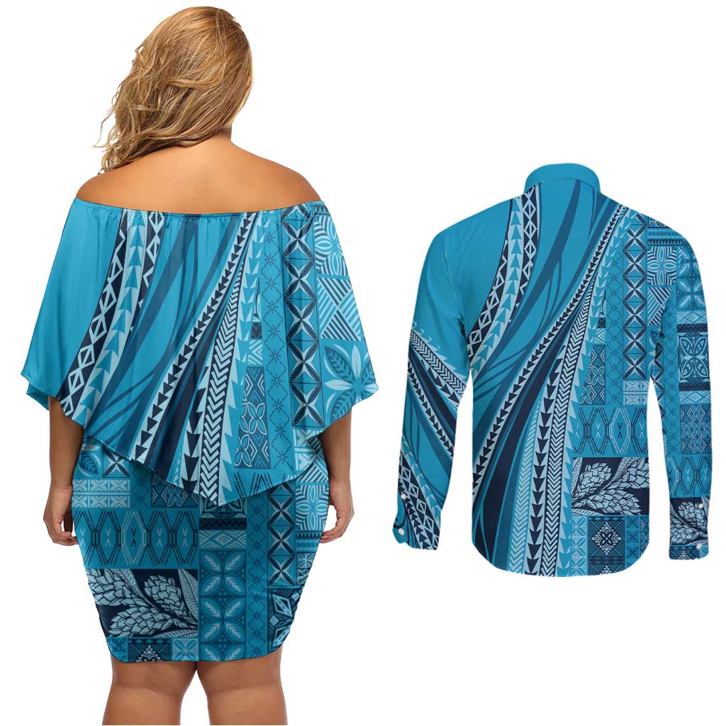 Pasifika Women's Day - Samoa Siapo Malu Tattoo Inspired Couples Matching Off Shoulder Short Dress and Long Sleeve Button Shirt Turquoise