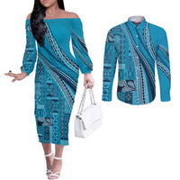 Pasifika Women's Day - Samoa Siapo Malu Tattoo Inspired Couples Matching Off The Shoulder Long Sleeve Dress and Long Sleeve Button Shirt Turquoise