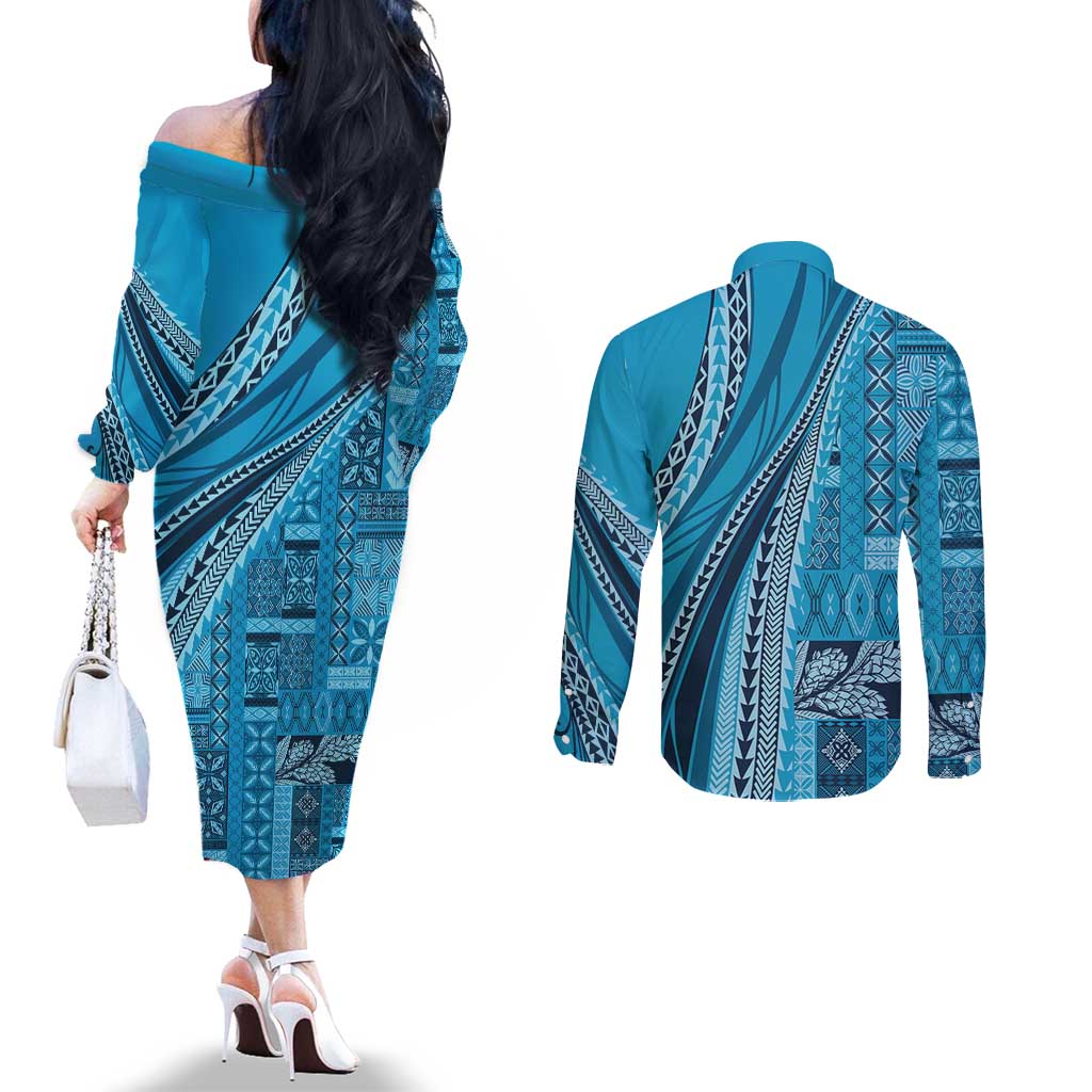 Pasifika Women's Day - Samoa Siapo Malu Tattoo Inspired Couples Matching Off The Shoulder Long Sleeve Dress and Long Sleeve Button Shirt Turquoise