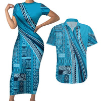 Pasifika Women's Day - Samoa Siapo Malu Tattoo Inspired Couples Matching Short Sleeve Bodycon Dress and Hawaiian Shirt Turquoise