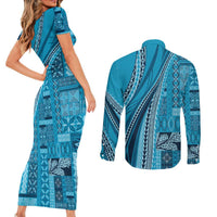 Pasifika Women's Day - Samoa Siapo Malu Tattoo Inspired Couples Matching Short Sleeve Bodycon Dress and Long Sleeve Button Shirt Turquoise