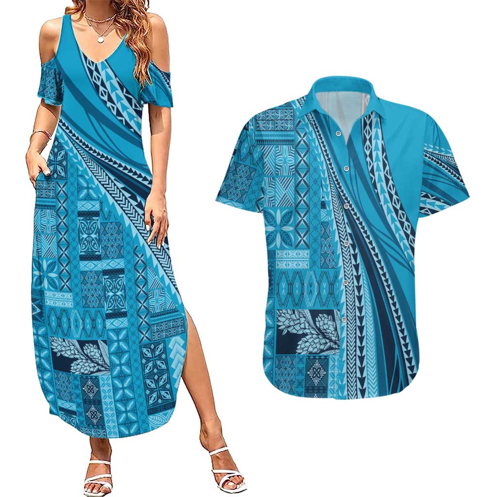 Pasifika Women's Day - Samoa Siapo Malu Tattoo Inspired Couples Matching Summer Maxi Dress and Hawaiian Shirt Turquoise