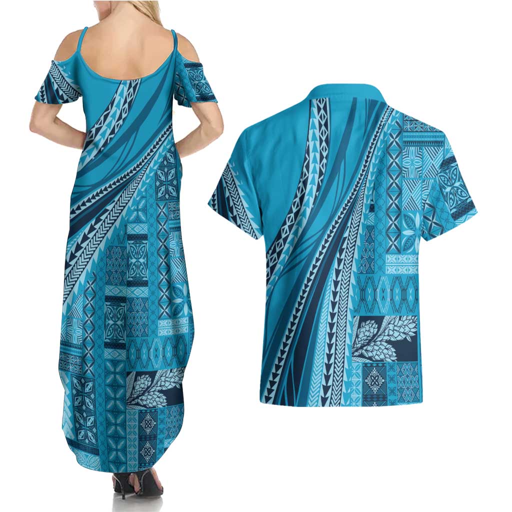 Pasifika Women's Day - Samoa Siapo Malu Tattoo Inspired Couples Matching Summer Maxi Dress and Hawaiian Shirt Turquoise