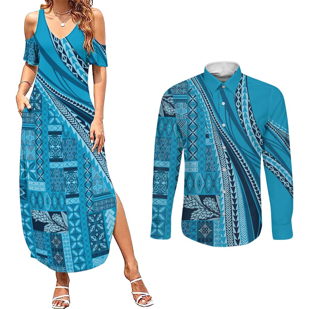 Pasifika Women's Day - Samoa Siapo Malu Tattoo Inspired Couples Matching Summer Maxi Dress and Long Sleeve Button Shirt Turquoise