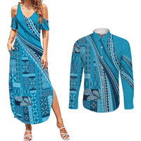 Pasifika Women's Day - Samoa Siapo Malu Tattoo Inspired Couples Matching Summer Maxi Dress and Long Sleeve Button Shirt Turquoise