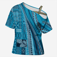Pasifika Women's Day - Samoa Siapo Malu Tattoo Inspired Cross Shoulder Shirt Turquoise