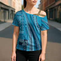 Pasifika Women's Day - Samoa Siapo Malu Tattoo Inspired Cross Shoulder Shirt Turquoise