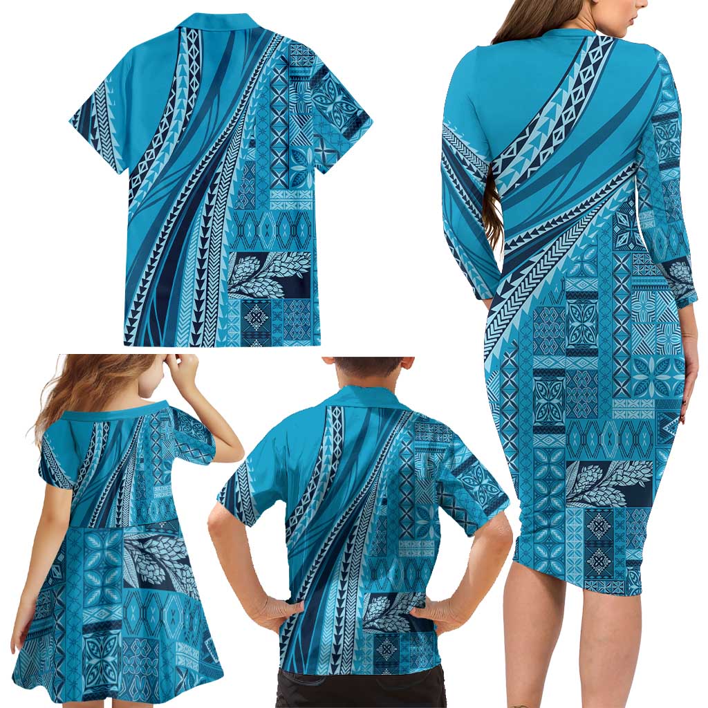 Pasifika Women's Day - Samoa Siapo Malu Tattoo Inspired Family Matching Long Sleeve Bodycon Dress and Hawaiian Shirt Turquoise LT7 - Polynesian Pride