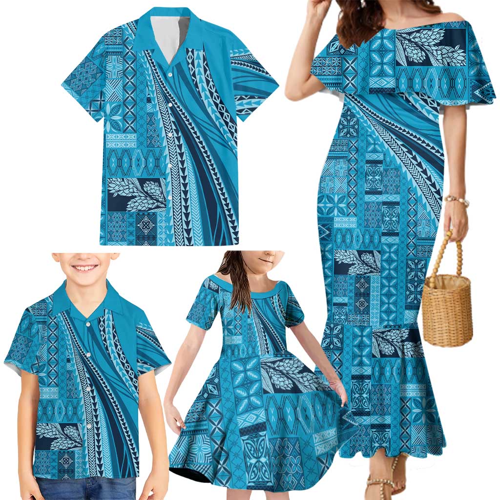 Pasifika Women's Day - Samoa Siapo Malu Tattoo Inspired Family Matching Mermaid Dress and Hawaiian Shirt Turquoise