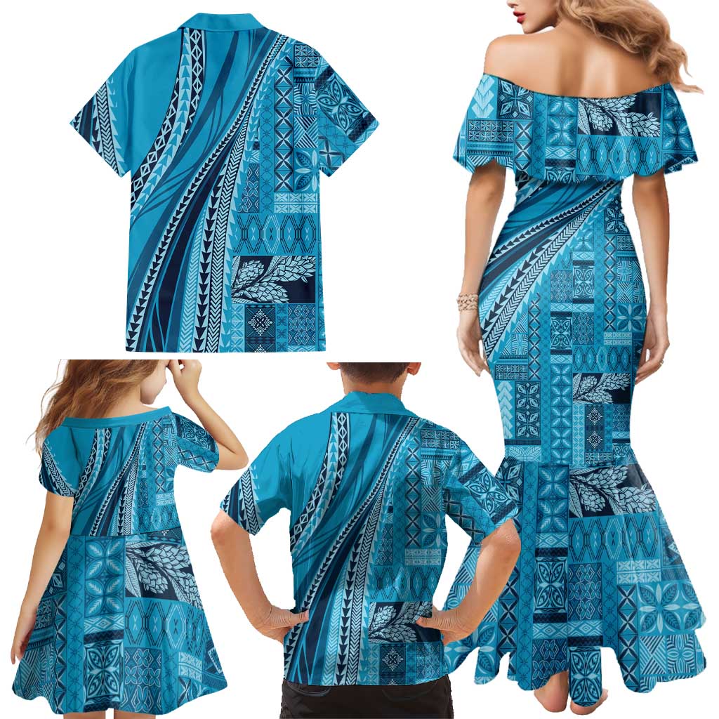 Pasifika Women's Day - Samoa Siapo Malu Tattoo Inspired Family Matching Mermaid Dress and Hawaiian Shirt Turquoise LT7 - Polynesian Pride
