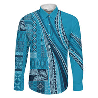 Pasifika Women's Day - Samoa Siapo Malu Tattoo Inspired Family Matching Mermaid Dress and Hawaiian Shirt Turquoise LT7 Dad's Shirt - Long Sleeve Turquoise - Polynesian Pride