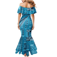 Pasifika Women's Day - Samoa Siapo Malu Tattoo Inspired Family Matching Mermaid Dress and Hawaiian Shirt Turquoise LT7 - Polynesian Pride